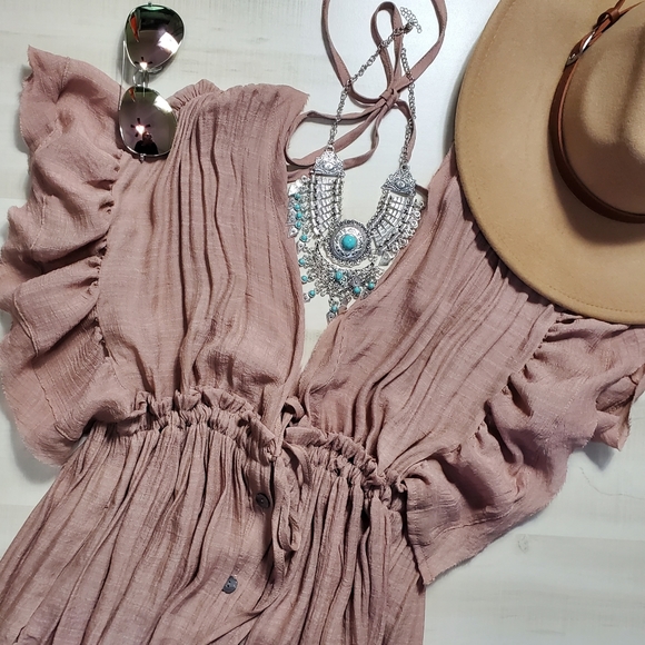 NEW Boho Plunge Gauze Cover Up Maxi Dress Button Front Nude Blush Beige Tan - Picture 8 of 10